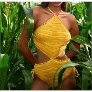 NWT Wet Swimwear Crochet One Piece Swimsuit Cut-Out Waist Saffron Women's S
